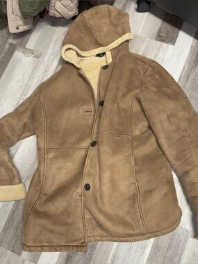 Lands End  vintage  faux-suede shearling hooded parka jacket.